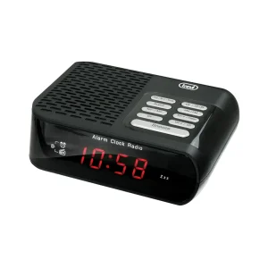 Trevi RC 827 D black radio alarm clock, angled view with red digital display, top speaker grille and silver buttons on white