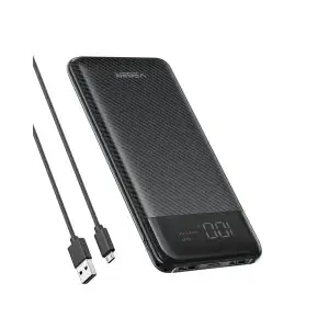 Veger 10000mAh Ultra Slim Power Bank with LCD display, featuring a carbon fiber texture and two USB ports, on a white back...