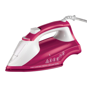 Russell Hobbs 2400W Steam Iron in pink and white with ceramic soleplate, shown at a slight angle on a plain background.