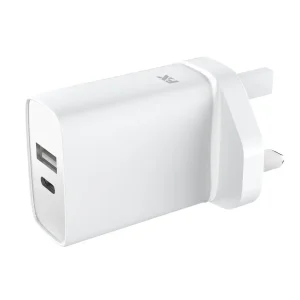 FX Dual USB Mains Charger 20W USB-A & USB-C PD - FXMC01 in white, angled view showing USB ports and UK plug design.