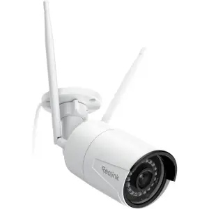 Reolink 5MP Wi-Fi Security Camera W320 in white with dual antennas, mounted on a wall, angled for optimal view.
