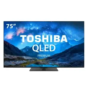 Toshiba 75" Smart TV VIDAA QLED 4K UHD with vibrant landscape background and bold text displaying features.