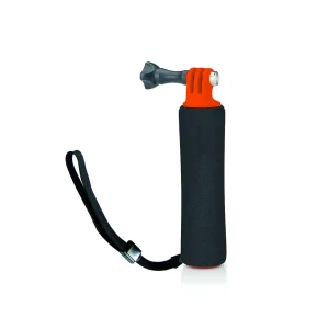 GoXtreme Floating Stabilising Grip for Action Cameras in black with orange accents and wrist strap, shown from the side.