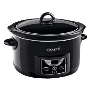 Crock-Pot 4.7L Digital Slow Cooker with Timer in black, featuring a control panel and lid, set against a white background.