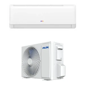 AUX Q Series 12,000 BTU Inverter Air Conditioner with indoor and outdoor units, featuring a sleek white design.