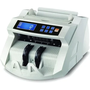 Omega Money Counting Machine BB-2150CW with LCD display, gray body, showing digital count on blue screen, side view.