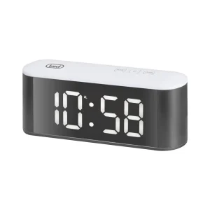 Trevi EC 883 BL digital alarm clock in a front three-quarter view, with a white top, black casing, and large white LED digits