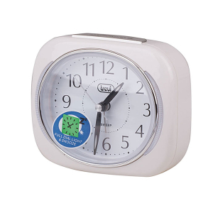 Trevi Quartz Alarm Clock with LED Backlighting, white rounded case and silver-rimmed analogue dial, shown at an angle on