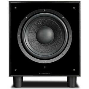 Wharfedale SW 10 Subwoofer in black with a textured speaker cone and four legs, front view on a neutral background.