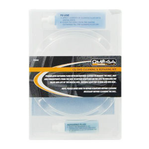 Omega Freestyle CD/DVD/Blu-ray Cleaning and Repair Kit - includes cleaning fluid and repair solution in a clear packaging.