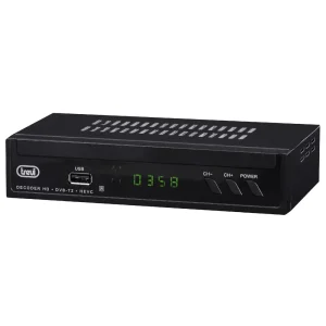 Black Trevi HD DVB-T2 HEVC Decoder HE 3378 T2 shown from the front and right on a white background, with USB port and green