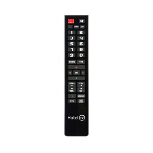 Black Superior Electronics Universal Remote for Hospitality - SUPTPB013 with number buttons and hotel TV branding.