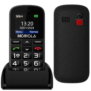 Mobiola MB200 Big Button Phone in black with large buttons, SOS feature, and a charging dock on a plain background.