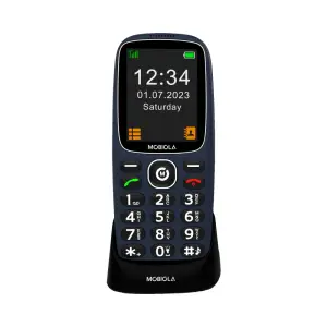 Mobiola 2.4" Big Button Phone with SOS Button, black body, large buttons, and charging dock on a plain background.