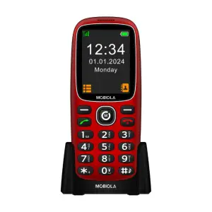 Mobiola 2.4" Big Button Phone with SOS Button in red, showing large buttons and clear display on a black charging dock.