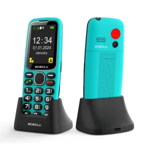 Mobiola Dual Sim 4G Phone MB4120 in teal, displayed in a charging dock, showing front and back views with a red SOS button.