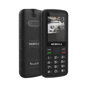 Mobiola MB500 TitanX Durable Dual Sim Phone in black with keypad, showcasing a clear screen and rugged design.