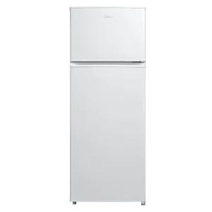 Midea 204 Litre Freestanding Fridge Freezer in sleek white finish, displayed front-facing with a smooth surface.
