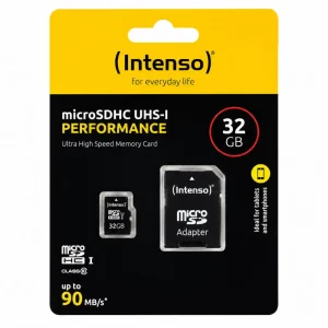 Intenso 32GB Micro SD Card Class 10 U1 with adapter on a yellow card packaging, displaying product details prominently.