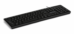 Omega Slim USB Keyboard with English layout, black color, featuring a numeric keypad, angled view on a white background.