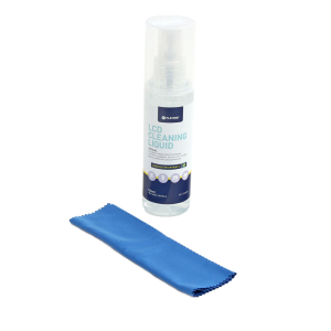 Platinet LCD and Touch Screen Cleaning Kit with 125 ml liquid and blue microfiber cloth on white background.