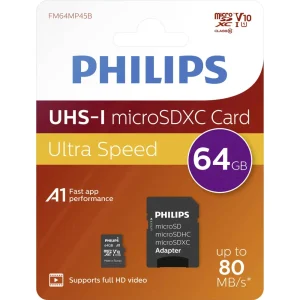 Philips Micro SD Card 64GB Class 10 UHS-I U1 with adapter in packaging, featuring a red and white design on a light backgr...