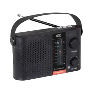 Trevi Solar-Powered Portable Radio RA 7F25 BT, black radio shown at an angle with carry strap, antenna, speaker grille and