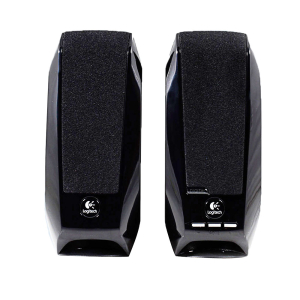 Logitech S150 USB Stereo Speakers in a slim black design with textured top and control buttons, set against a white backgr...