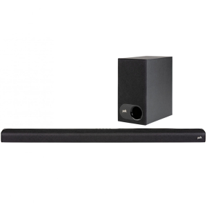 Polk Sound Bar with Wireless Subwoofer - Signa S2 in black, showcasing a sleek design against a white background.
