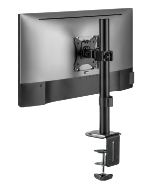 Black Superior 17″ – 32″ Single Monitor Desk Mount (SUPSPC001) attached to a monitor, showcasing its sturdy design a...