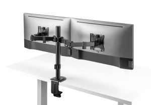 Dual monitor setup featuring the Superior 17" - 32" Motion Double Monitor Mount, showcasing adjustable arms and sleek blac...