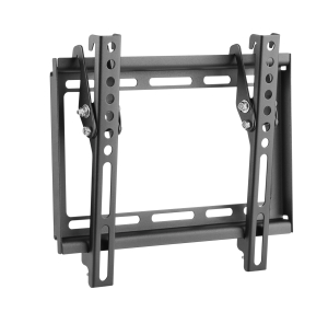Tilt TV wall bracket in black metal, showcasing adjustable arms and mounting holes, designed for 23" to 43" TVs.