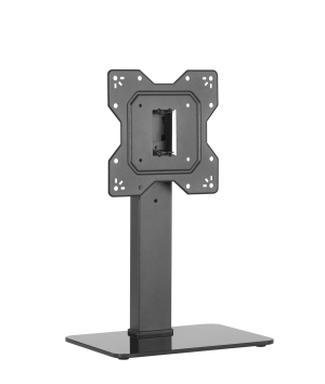 Black Superior 23" - 43" Universal Desktop Stand on a clear glass base, featuring a VESA mount for flat TVs.