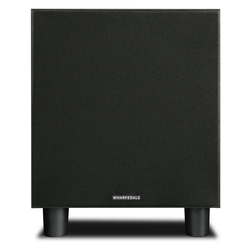 Black Wharfedale SW 10 Subwoofer with a sleek design, featuring four legs and a front grille. Ideal for home cinema setups.