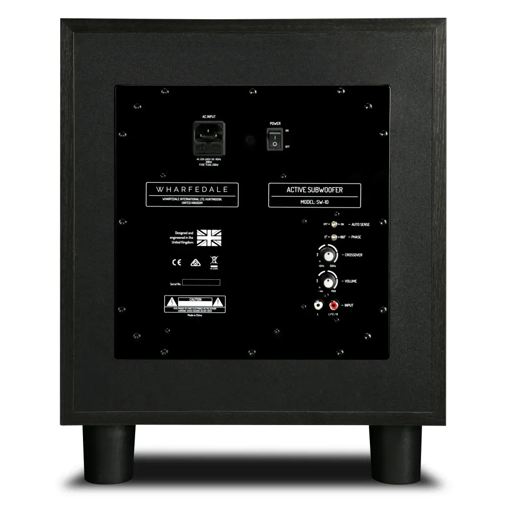 Back view of Wharfedale SW 10 Subwoofer, featuring input/output ports and control settings on a black panel.
