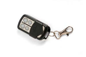 Superior Electronics SIMPLE4 RF remote featuring four buttons, black and silver design, on a white background.