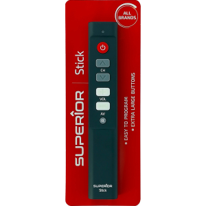 Superior Simple Universal Remote for Hospitality on a red background, featuring large buttons, black body, and easy progra...