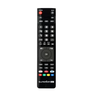 Superior Electronics 2in1 PC Programmable Remote Control, black design with buttons, shown from a top-down angle on a whit...