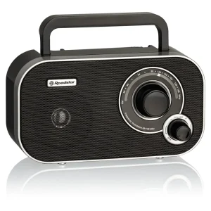 Roadstar FM Portable Radio TRA-2235 in black with a handle, silver accents, and a textured speaker grill on a reflective s...