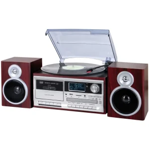 Trevi TT 1072 DAB Wood stereo turntable with open clear dust cover, silver controls, vinyl record, and two wood-finish