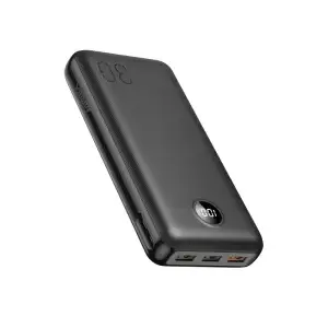 Veger 30000mAh Power Bank L30S in black, showing three USB ports and a digital display, angled for visibility.