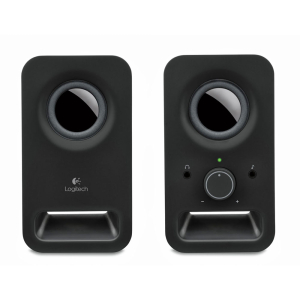 Logitech Z150 Compact Stereo Speakers with Headphone Jack in black, featuring round speakers and control knob, on a white ...