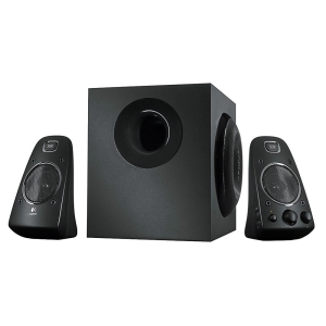 Logitech Z623 2.1 Speaker System featuring a black subwoofer and two satellite speakers, angled front view with glossy fin...