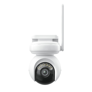Reolink Altas Series B660 4K Wi-Fi 6 Battery Camera in white with LED lights, showcasing 360° pan and tilt features.