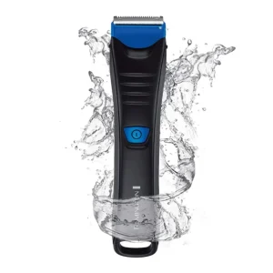 Remington Showerproof Delicates and Body Hair Trimmer BHT250 with blue accents, splashing water background.