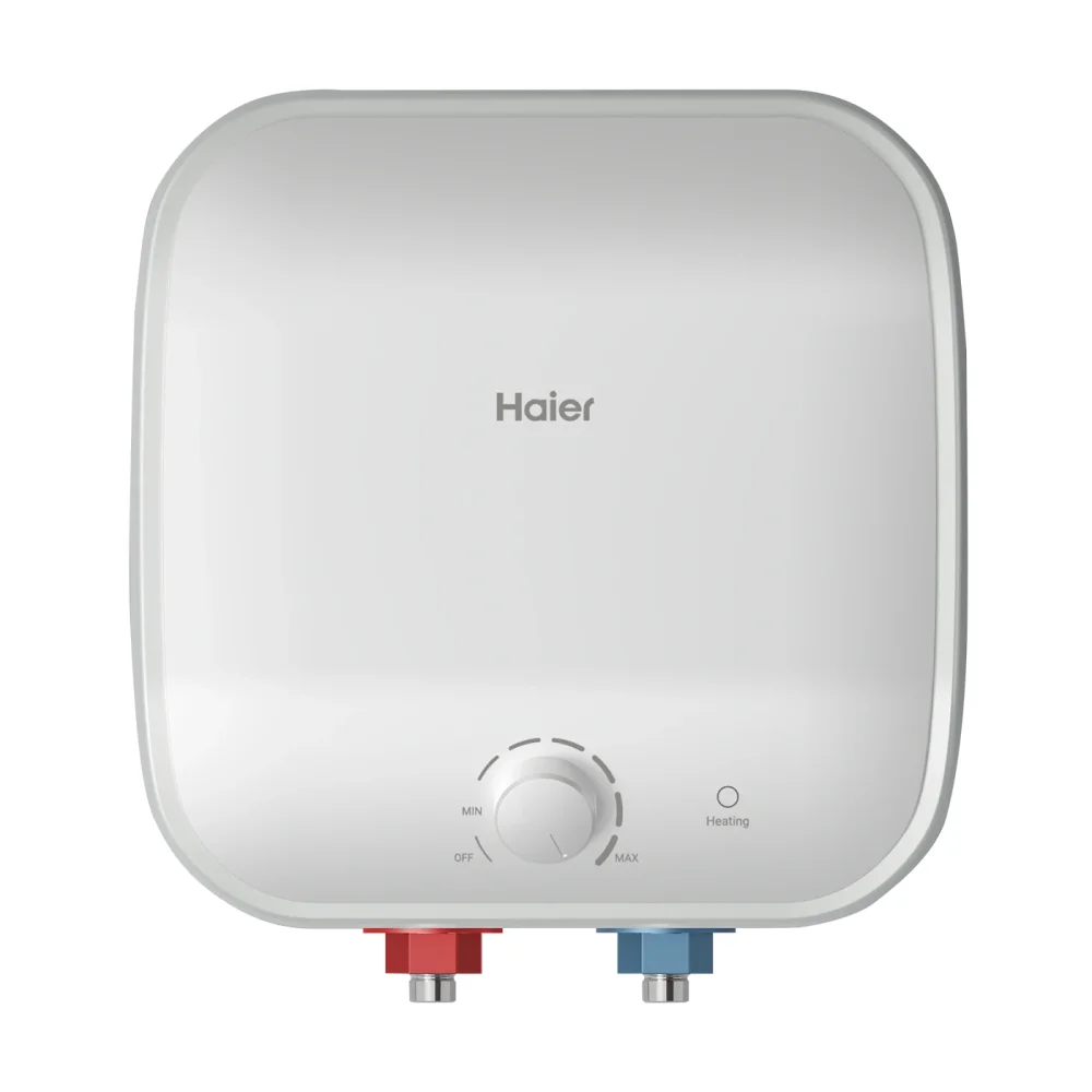 Haier Electric Water Heater Over Sink 10L with a sleek white design, featuring control knob and red/blue connectors.
