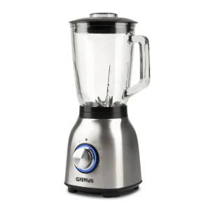 G3 Ferrari 1000W Glass Blender with Ice Crusher, shown front-on with a clear jug, stainless steel base and blue-lit dial on a