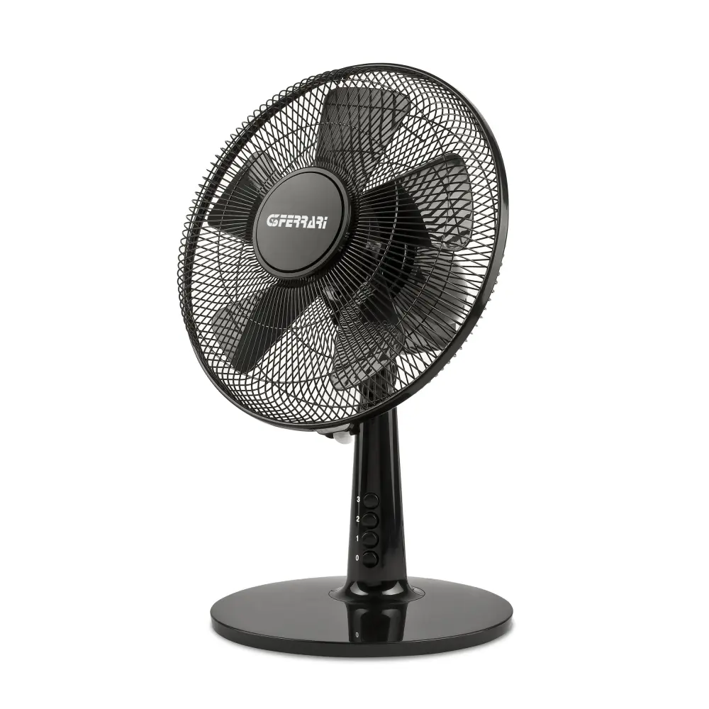 G3 Ferrari 30cm Table Fan with 3 speeds in total black, showcasing a sleek design and sturdy base.