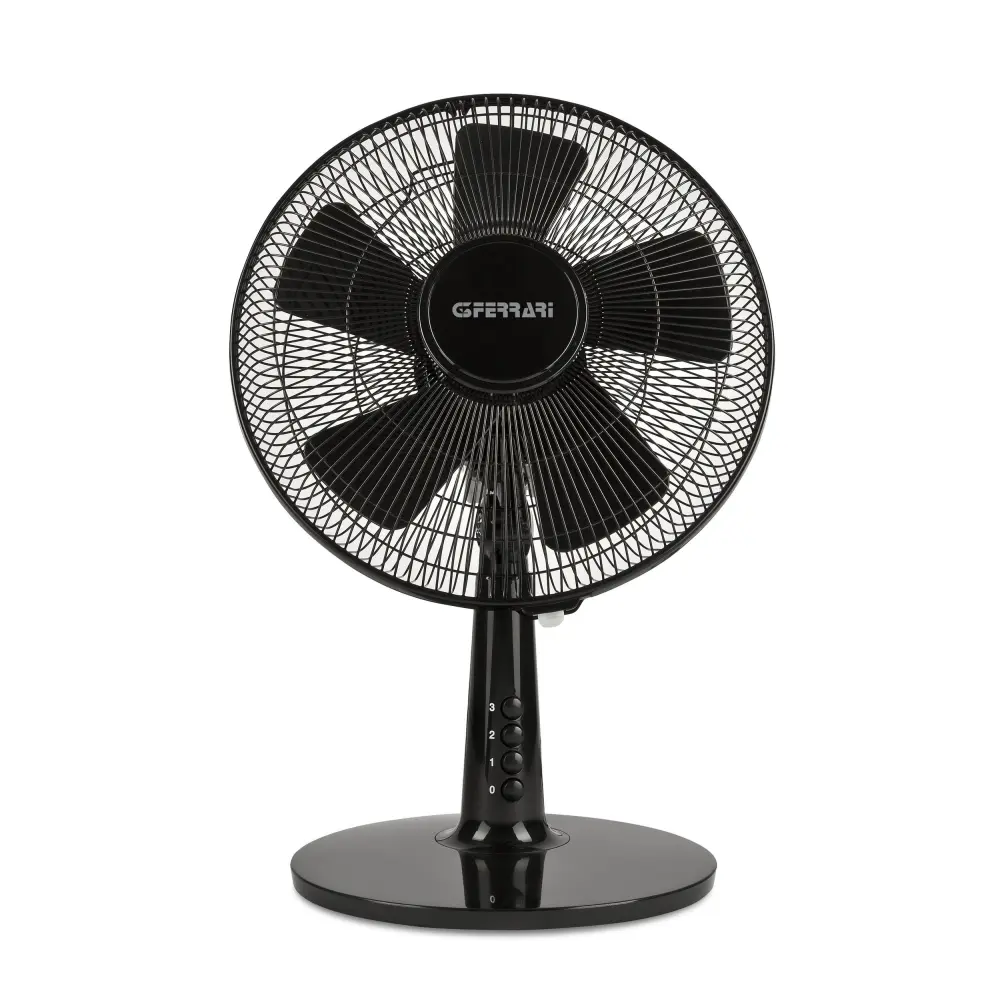 G3 Ferrari 30cm Table Fan in total black with 3 speed settings, front view highlighting the sleek design and controls.