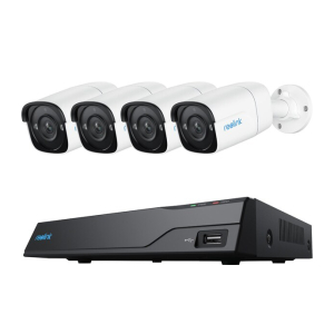 Reolink 8-Channel PoE NVR System with 4 white bullet cameras and a black NVR unit on a white background.